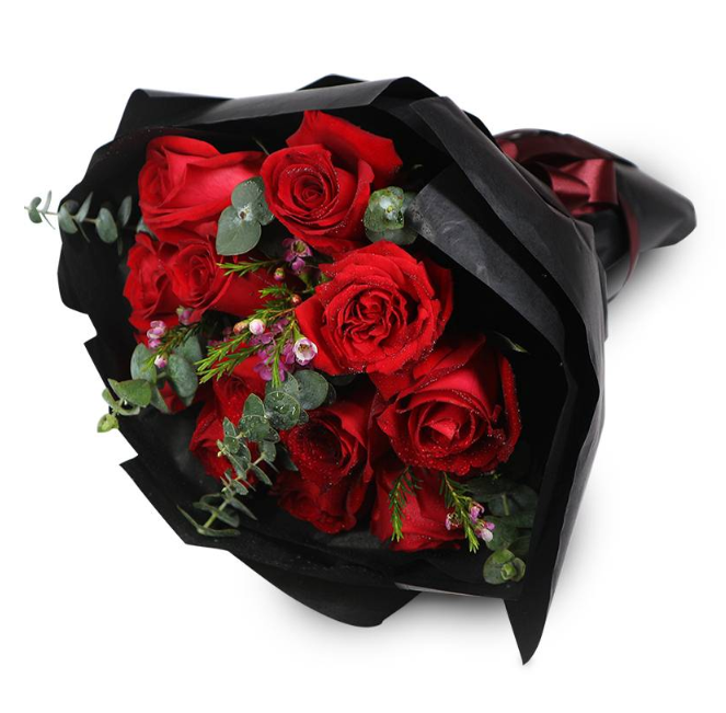 flowerbouquet-red-roses-eucalyptus-leaf-wax-flowers-black-wrapper-with-white-background-zoomed