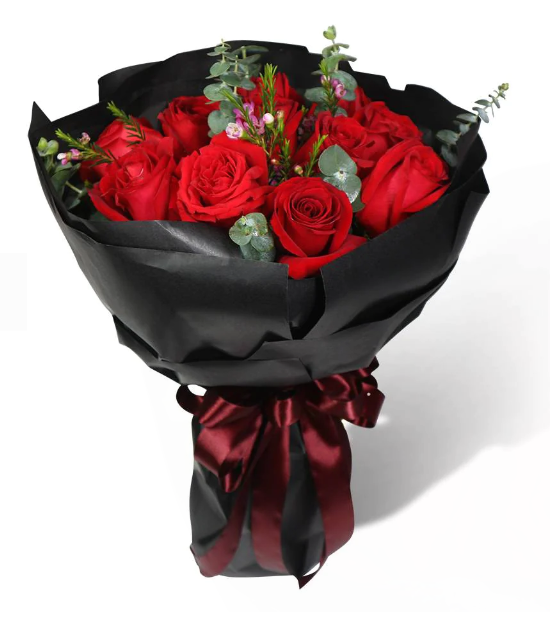 flowerbouquet-red-roses-eucalyptus-leaf-wax-flowers-black-wrapper-with-white-background