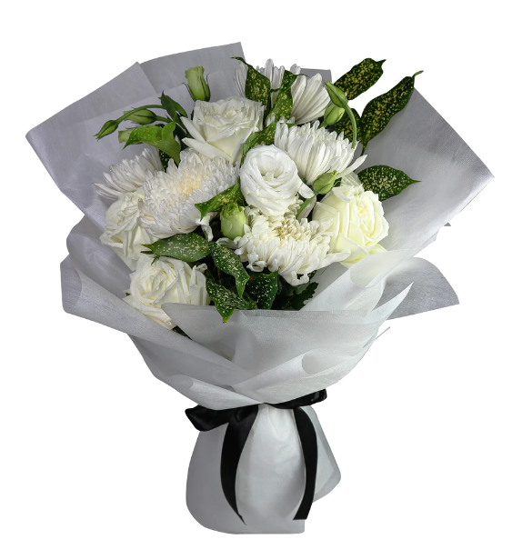 flowerbouquet-roses-eustoma-chrysanthemum-japanese-bamboo-leaves-white-wrapper-with-white-background