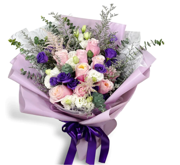 flowerbouquet-roses-eustoma-eucalyptus-limonium-purple-wrpper-and-ribbon-with-white-background