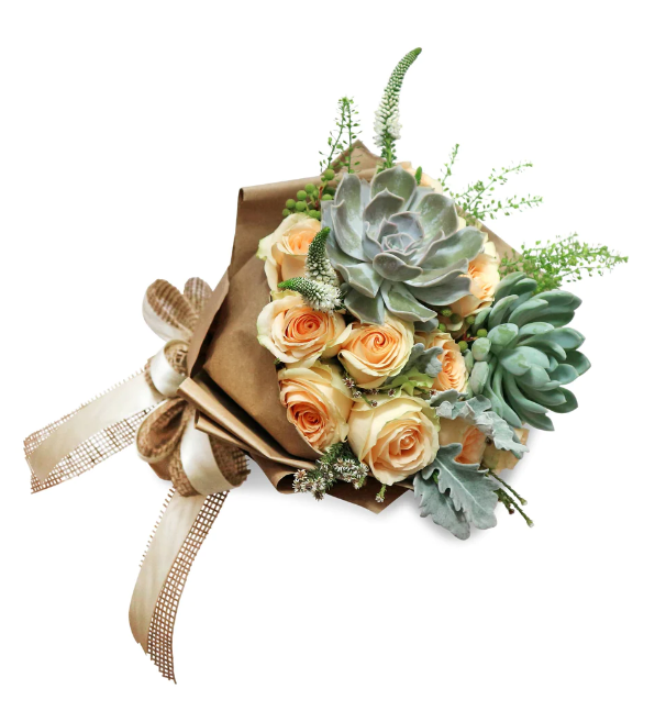 flowerbouquet-roses-succulent-silver-leaves-greenbell-brown-paper-wrapper-with-white-background-side