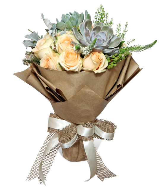 flowerbouquet-roses-succulent-silver-leaves-greenbell-brown-paper-wrapper-with-white-background
