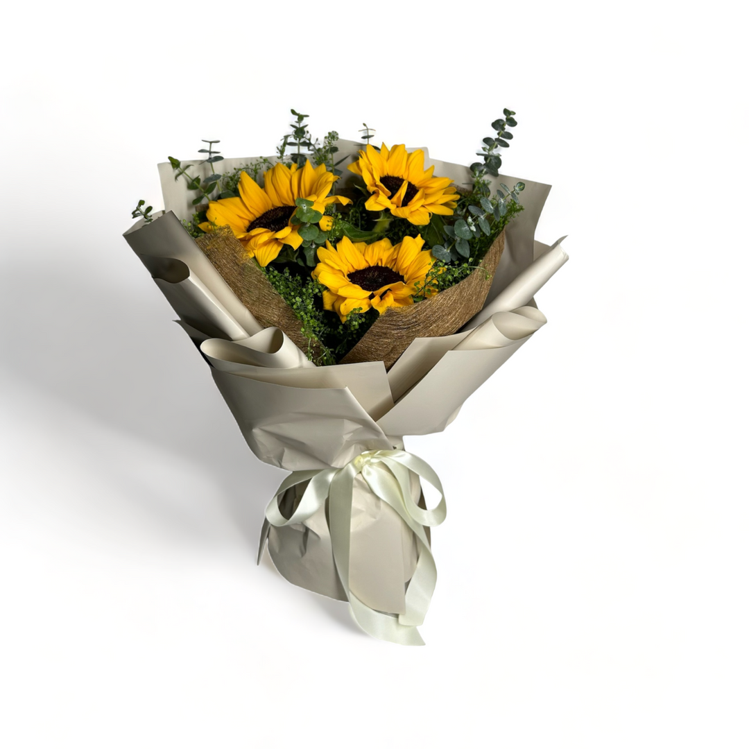 flowerbouquet-sunflower-green-bell-eucalyptus-cream-and-brown-wrapper-with-white-background