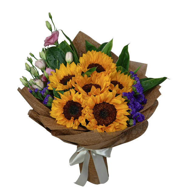 flowerbouquet-sunflower-pink-eustoma-purple-statice-caspia-brown-wrapper-with-white-background