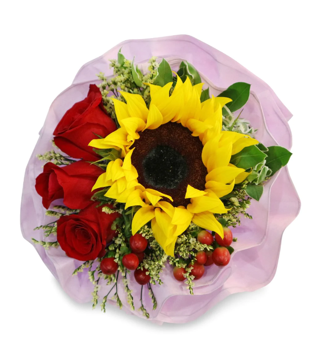 flowerbouquet-sunflower-redroses-redhypericum-caspia-purple-wrapper-with-white-background