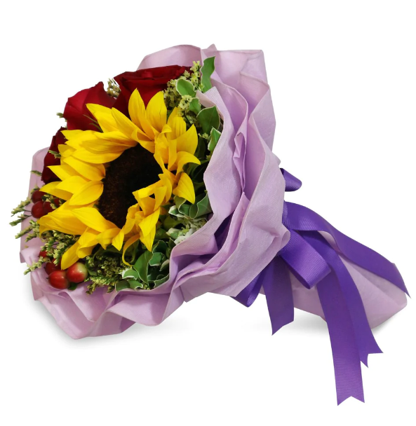 flowerbouquet-sunflower-redroses-redhypericum-caspia-purple-wrapper-with-white-background-side
