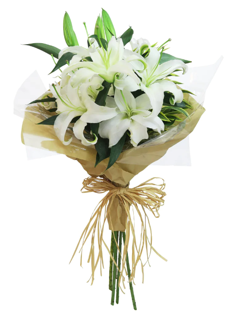 flowerbouquet-white-lily-song-of-india-in-brown-paper-wrapper-with-white-background