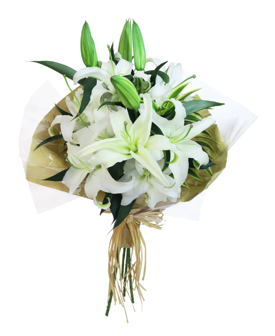 flowerbouquet-white-lily-song-of-india-in-brown-paper-wrapper-with-white-background-zoomed