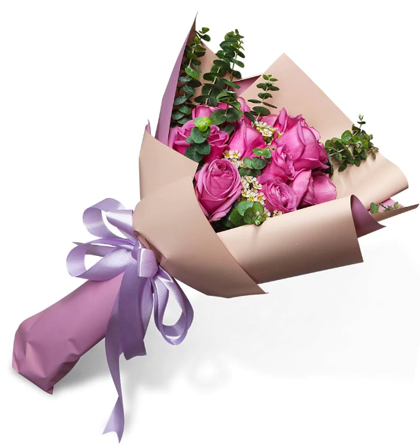 flowerbouquet-yamrose-eucalyptus-leaf-wax-purple-ribbon-with-white-background