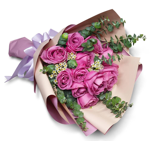 flowerbouquet-yamrose-eucalyptus-leaf-wax-purple-ribbon-with-white-background-side
