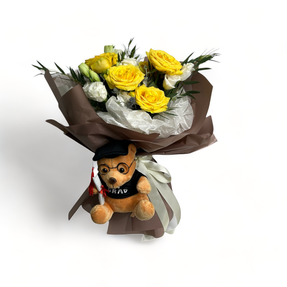flowerbouquet-yellow-roses-eustoma-mini-eucalyptus-with-a-graduation-bear
