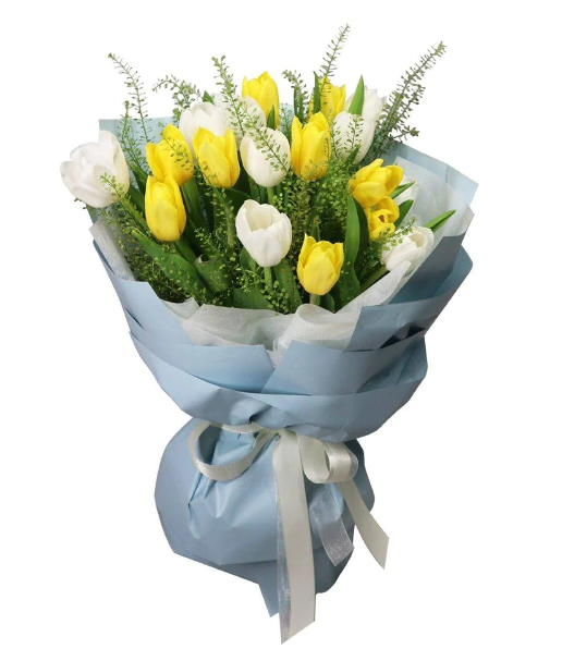 flowerbouquet-yellow-tulips-white-tulips-green-bell-with-white-background