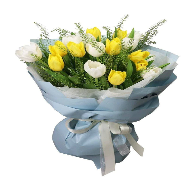 flowerbouquet-yellow-tulips-white-tulips-green-bell-with-white-background-zoomed