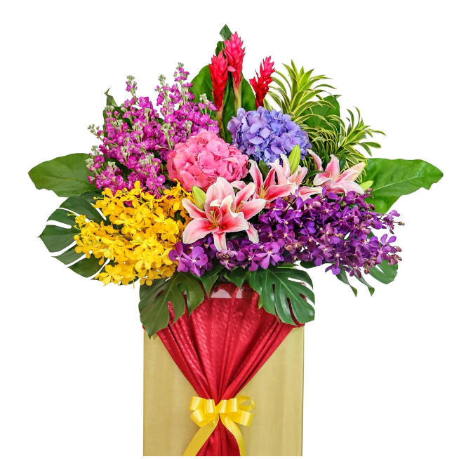 flowerstand-matthiola-lily-hydrangeas-orchids-red-ginger-songs-of-india-mostera-with-white-background-zoomed