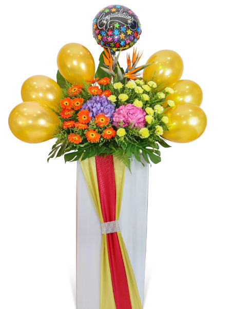 flowerstand-metallic-gold-and-foil-balloons-birds-of-paradise-various-flowers