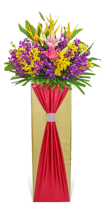 flowerstand-purple-and-yellow-orchids-pink-lilies-birds-paradise-front