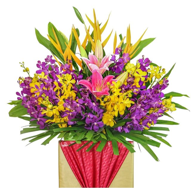 flowerstand-purple-and-yellow-orchids-pink-lilies-birds-paradise-zoomed