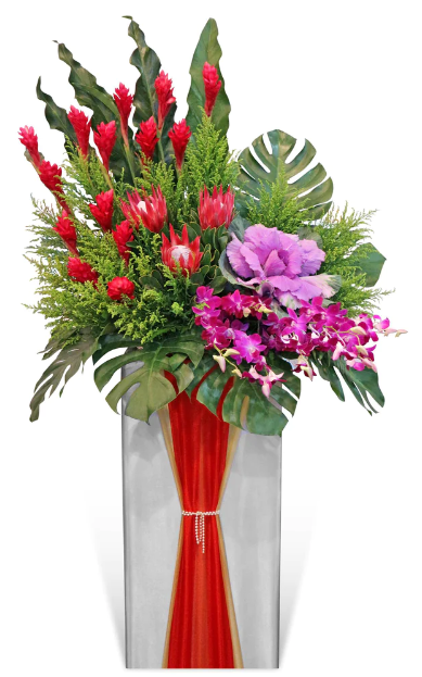 flowerstand-red-ginger-purple-brassica-protea-and-purple-orchid-with-white-background