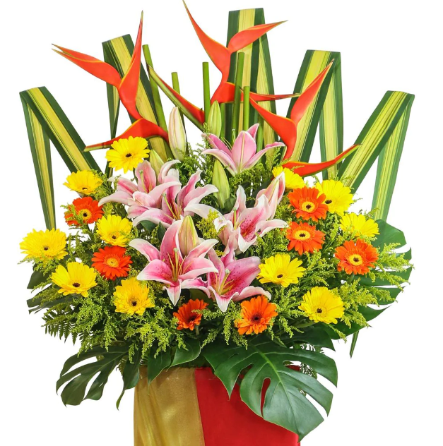 flowerstand-red-heliconia-pink-lily-gerberas-yellow-phoenix-pandanus-with-white-background-zoomed