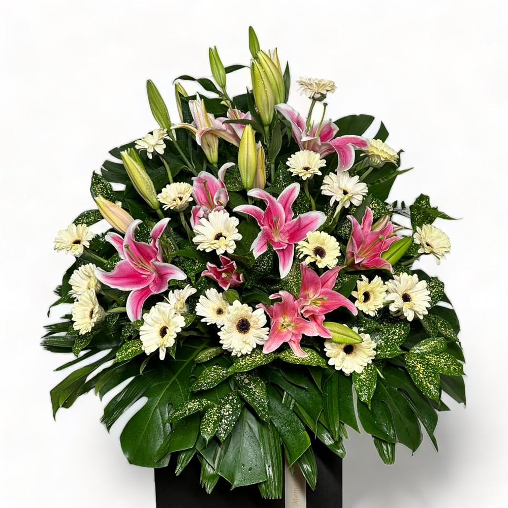 flowerstand-white-gerbera-pink-lilies-monstera-bamboo-leaves-cordyline-zoomed