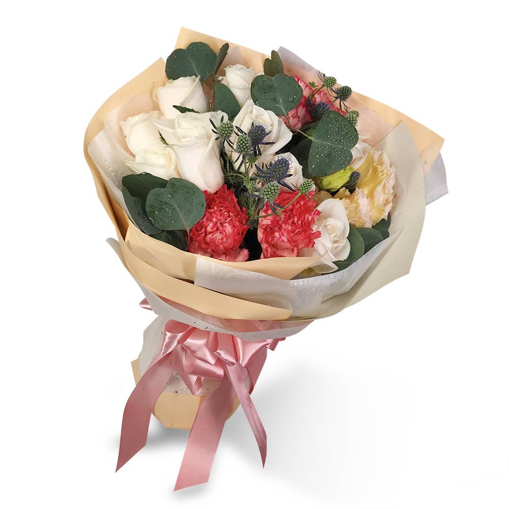 flowerbouquet-carnation-rose-eustoma-eucalyptus-pink-ribbon-with-white-background