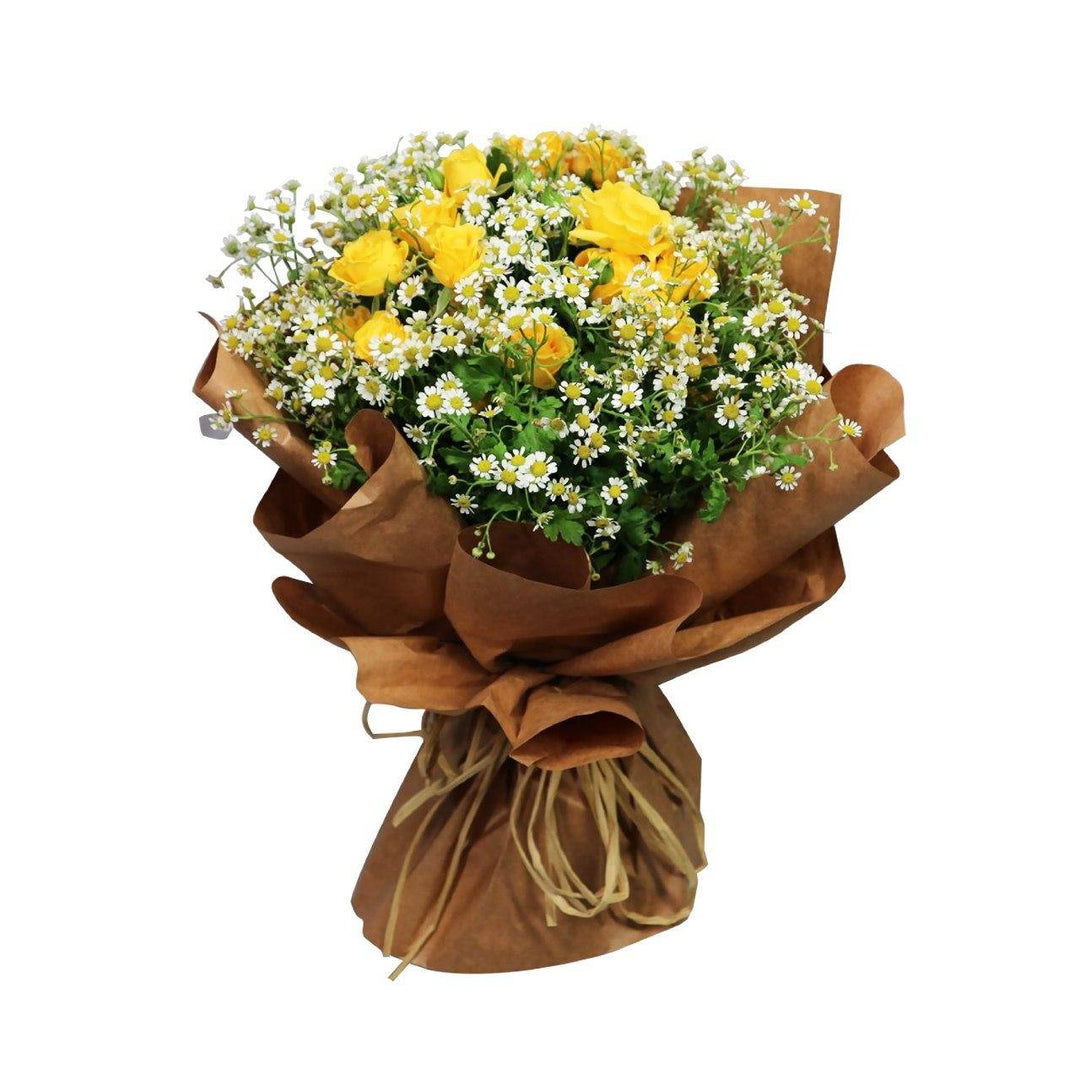 flowerbouquet-yellow-rose-spray-tanacetum-brown-paper-wrapper-with-white-background-zoomed